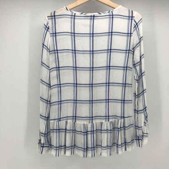 LOFT Top Womens XS Blue White Plaid Peplum Roll Tab Long Sleeve Round Neck - Picture 2 of 11